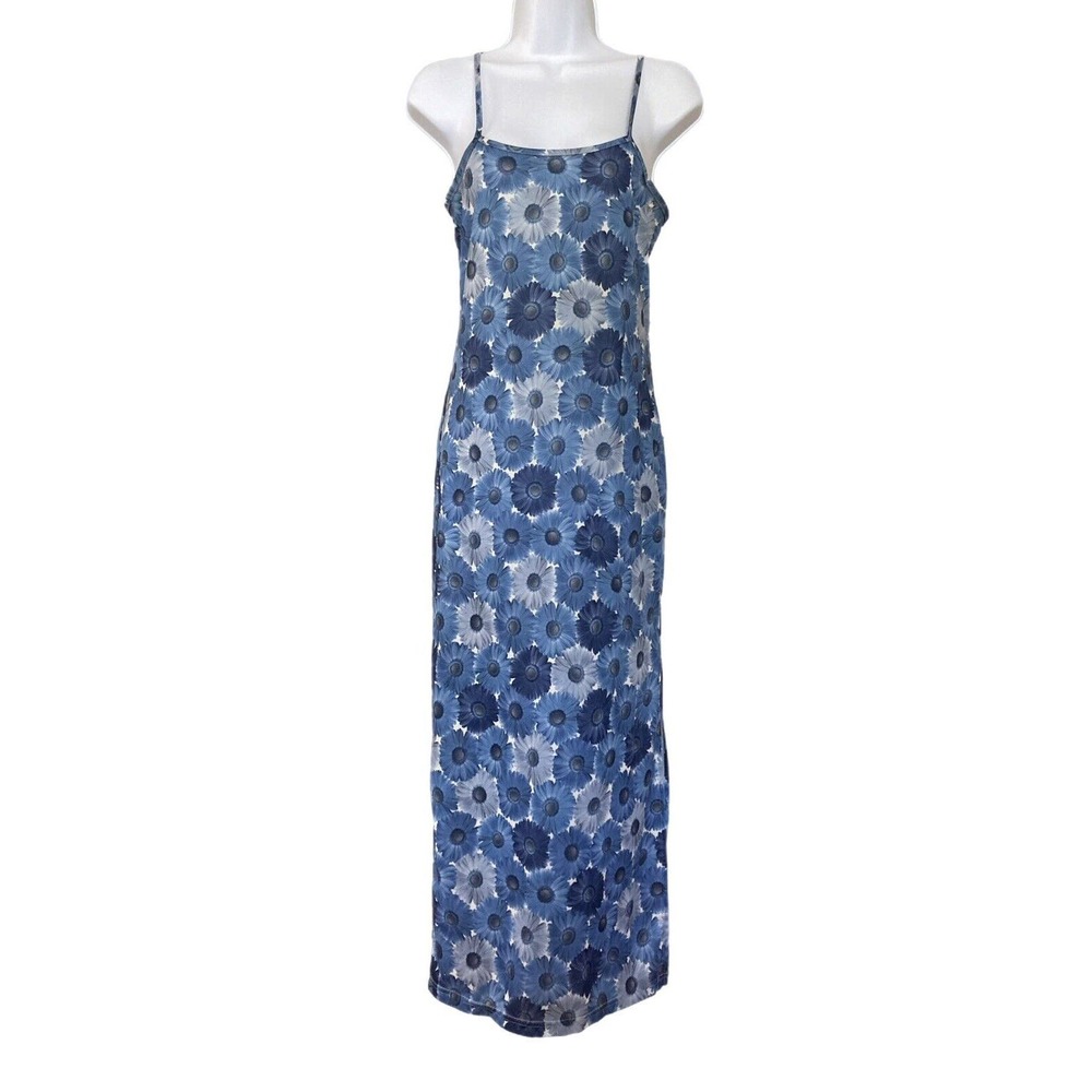 Vintage 90s Street Code Blue Gray Bold Daisy Graphic Pattern Tank Dress Size S